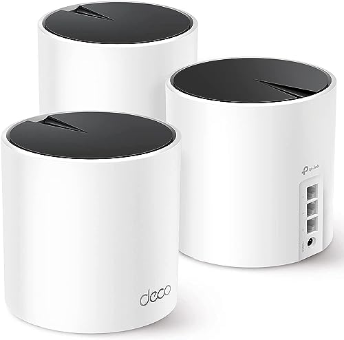 Three white TP-Link Deco X55 mesh units with black tops