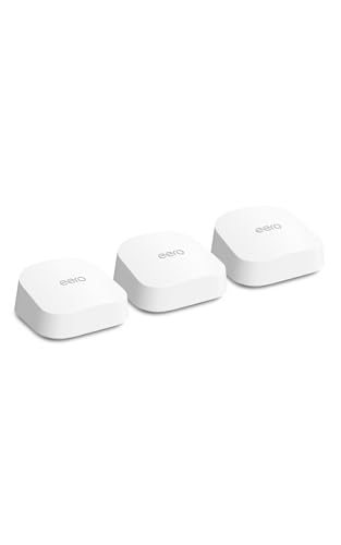 Three white Amazon eero 7 mesh routers